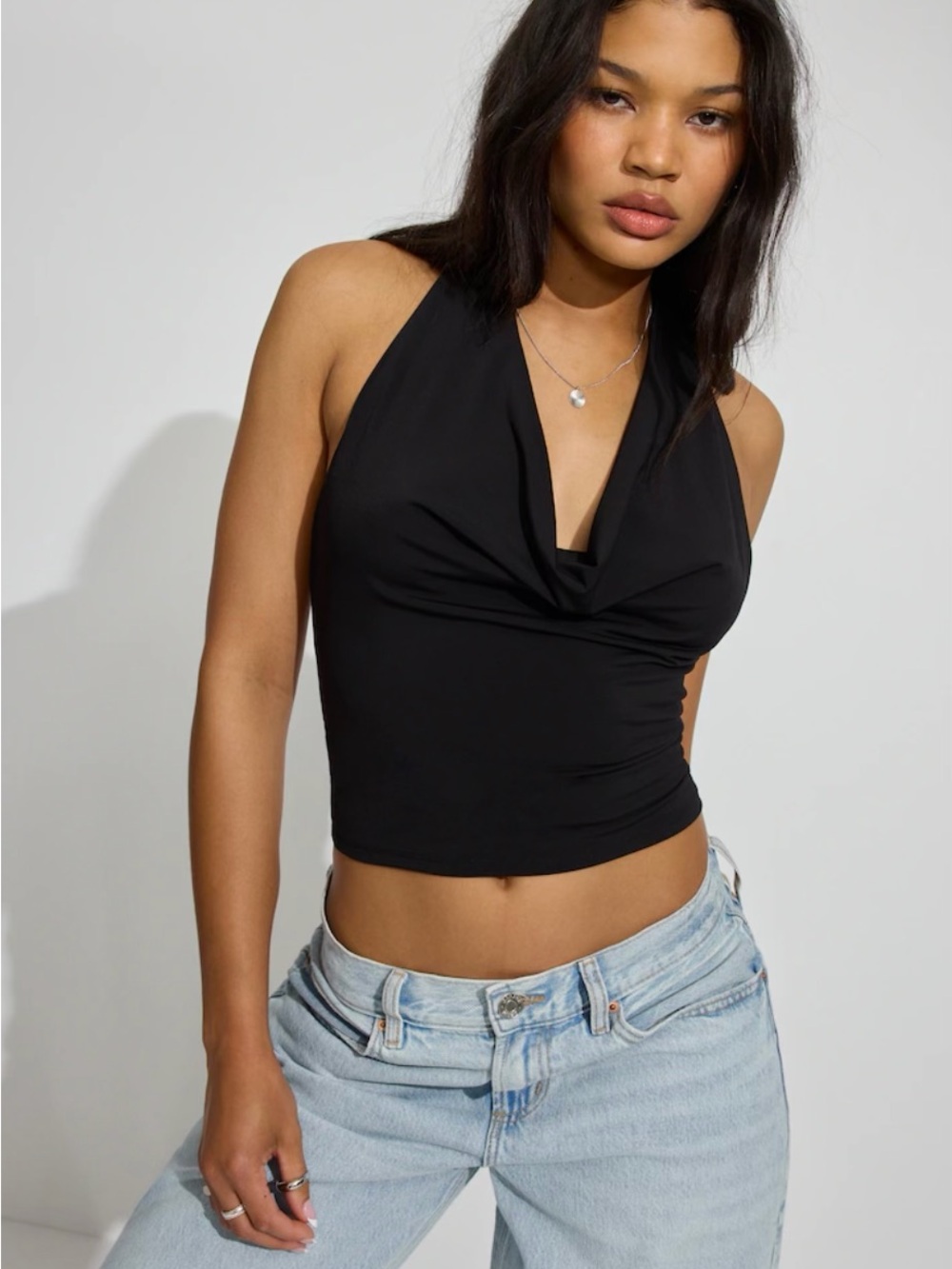Garage Black Draped Halter Crop Cami